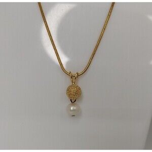 PH Gold Tone Necklace Faux Pearl Pendant Women Adjustable Chain Textured 20in 1x